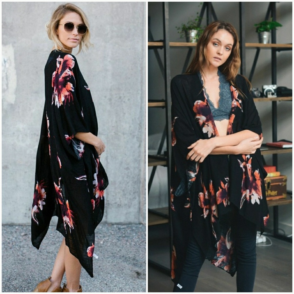 Floral Print Kimono Shawl-Black - Picture 3 of 5